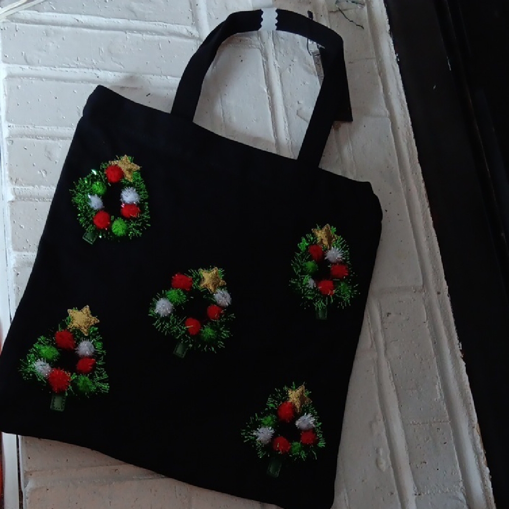 Festive Black Tote Bag with Christmas Tree Design